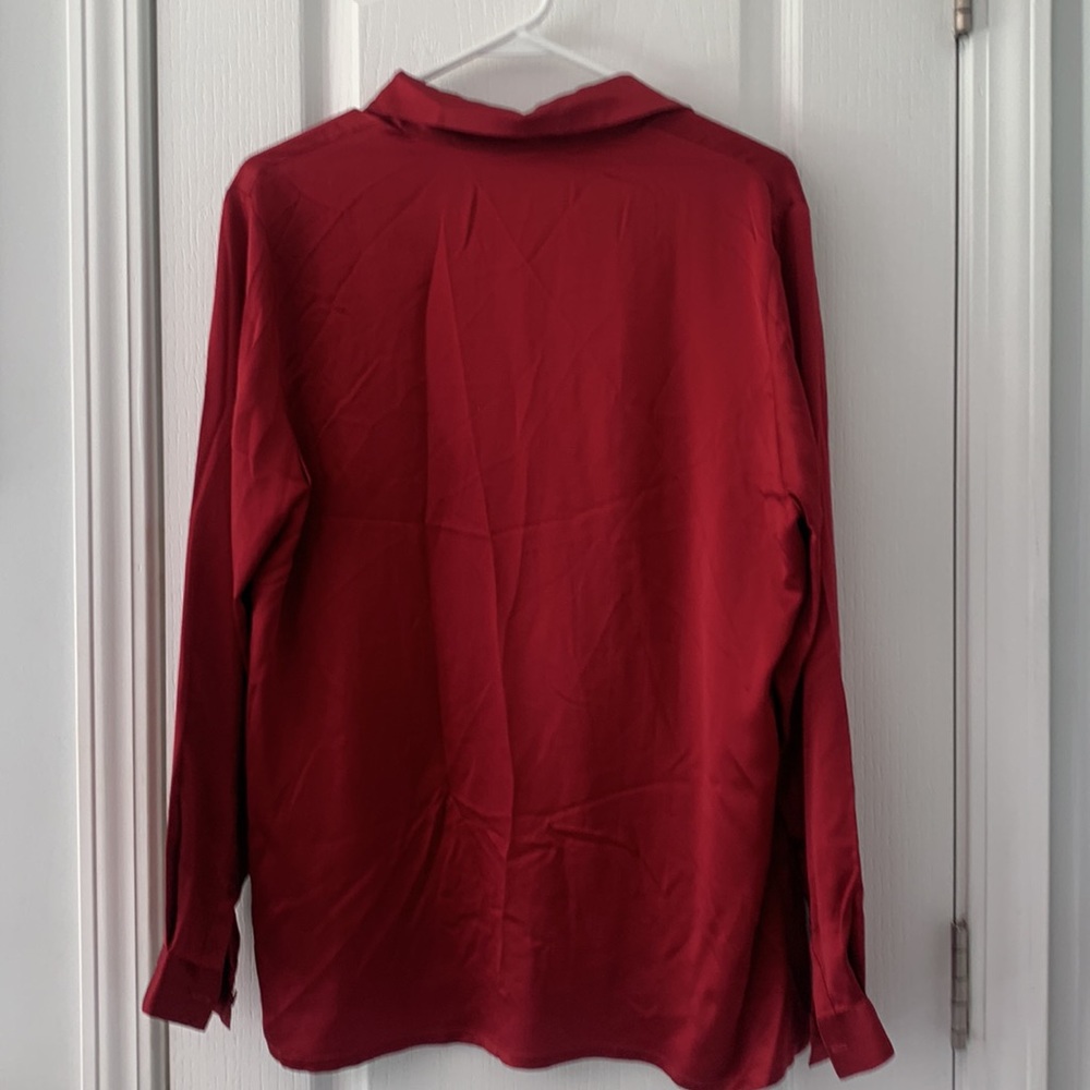 Women's Satin Button-Up Blouse - Red - Picture 8 of 14